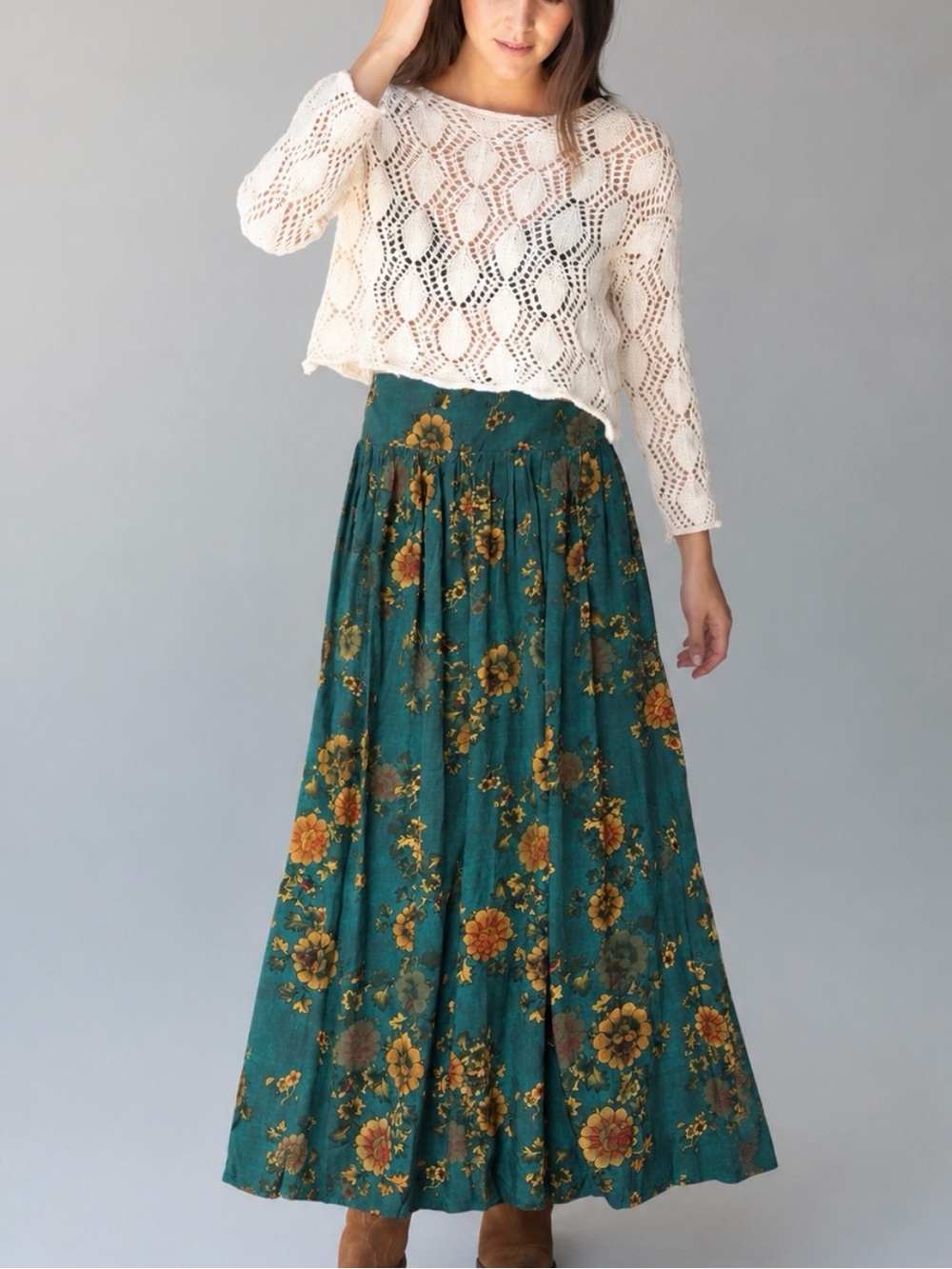 Natural Life Teal Floral Smocked Maxi Skirt XS Boho Cottagecore Rayon